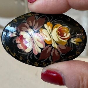 Vintage Russian Black Lacquer Hand Painted Floral Artist Signed Brooch Pin